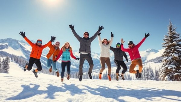 Excited group on ski trip in snowy mountains, group ski travel 2025