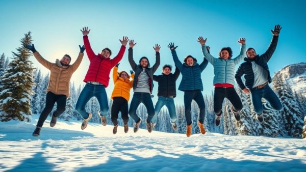 Group ski travel adventures, friends jumping in snowy mountains.