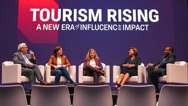 Travel news event with speakers discussing tourism influence.