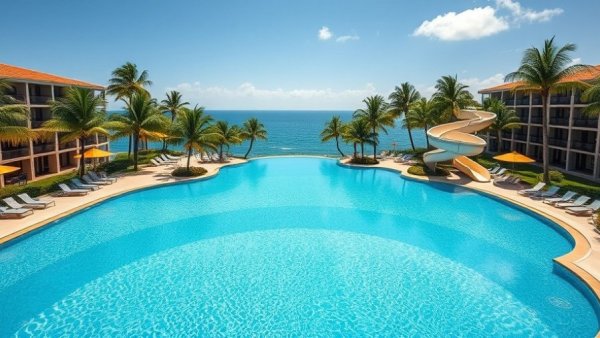Tropical resort with pool and water slide, ideal family travel destination.