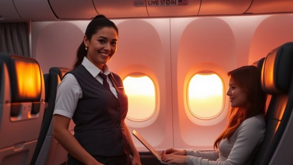Airline attendant smiling in Business Class cabin as passenger works on laptop.