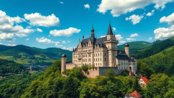 Bran Castle surrounded by lush greenery and blue skies.