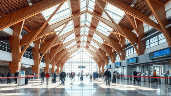 Modern airport check-in area with travelers waiting, travelling tips.