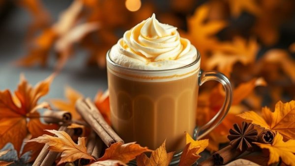 Creamy pumpkin spice latte surrounded by autumn leaves.