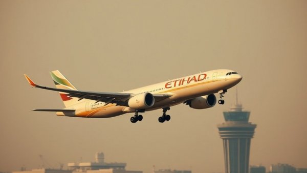 Etihad Airways plane taking off near a modern tower, symbolizing record nine-month profit.