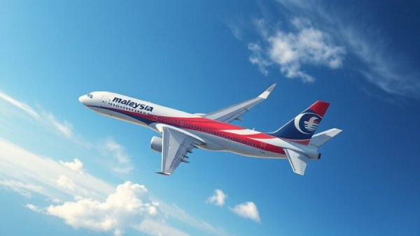 Airplane with Malaysian flag livery flying in blue sky, travel news.