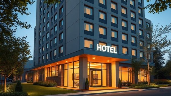 Modern hotel exterior at dusk with warm lighting, ideal for those considering how to pick a travel destination.