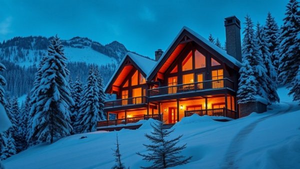 Charming snowy mountain lodge, cozy winter destination.