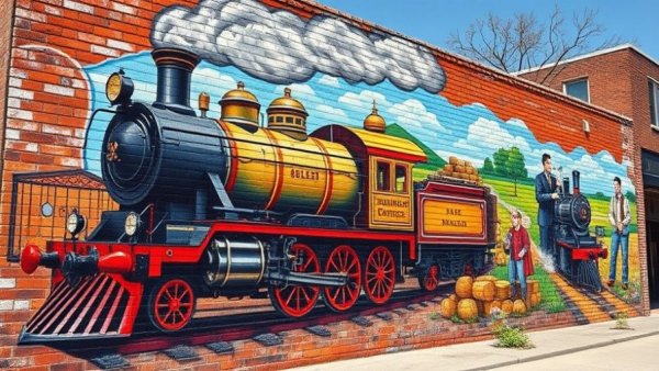Colorful mural of a steam train in Hays City for family adventure.