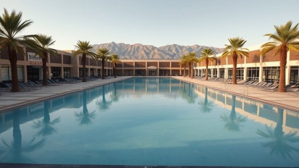 Deserted resort pool hints at declining Canadian tourism amid serene surroundings.