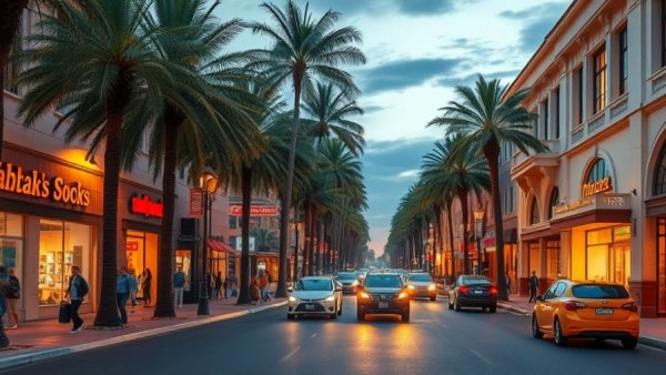 Elegant palm-lined boulevard, vibrant shopping area at dusk.