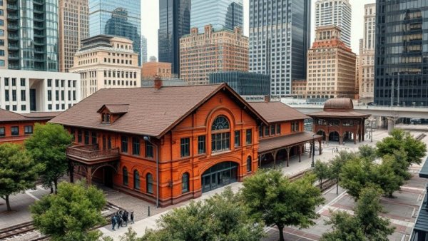 Historic train station hotel amid modern cityscape.