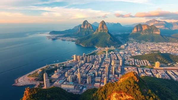 Aerial view of coastal city with mountains during golden hour.