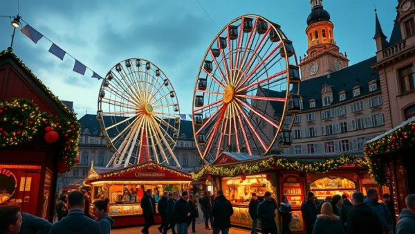 Vibrant European Christmas market with Ferris wheel at dusk.