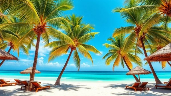 Budget-friendly tropical beach scene with palms and straw sunshades.