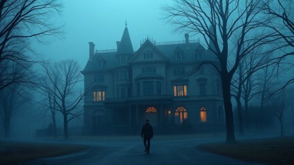 Haunted places to visit on study abroad: mysterious mansion in fog.