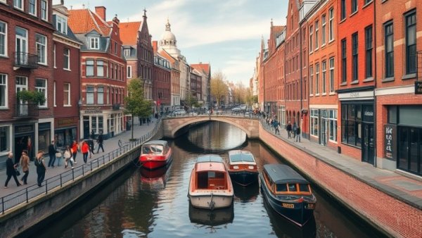 Scenic canal in budget travel places with red brick buildings.