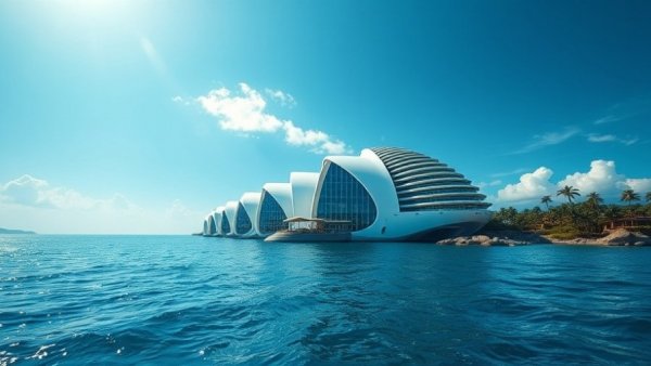 Futuristic floating hotel development on serene ocean waters.