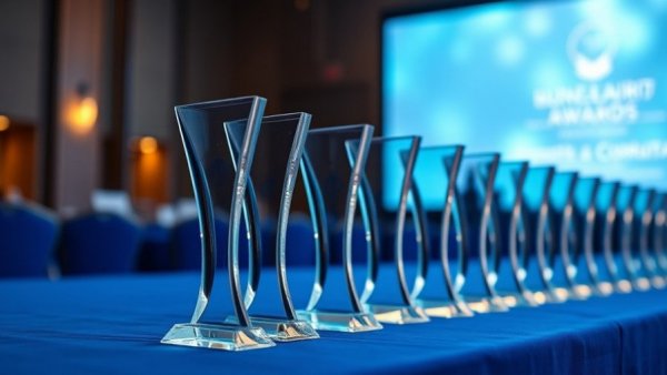 2025 Caribbean Hospitality Awards trophies on blue table.