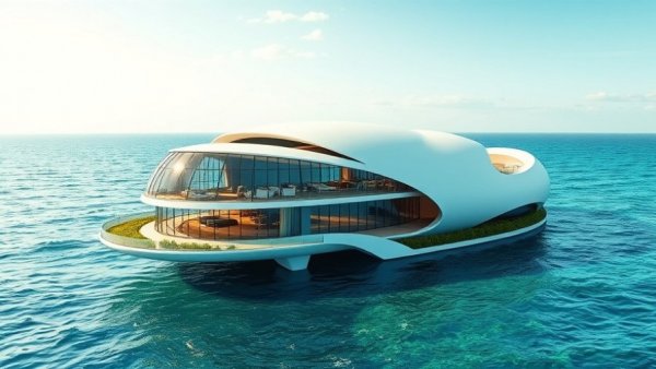 Futuristic hotel floating on ocean showcasing tokenized development.