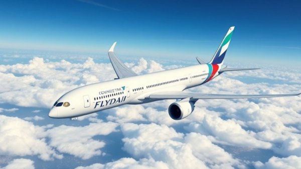 Flydubai Boeing 787 with GEnx-1B engines in flight above clouds.