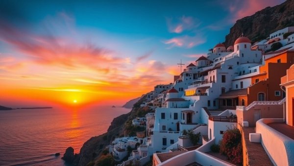 Stunning sunset view from coastal village, ideal travel destination.