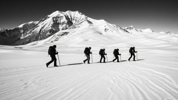 Mountaineers trekking in a line across snow, enhancing alpine mountaineering trip tips.