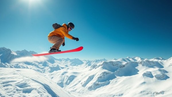 Skier in mid-air performing a trick with red skis, winter landscape