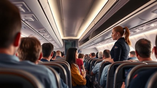 Crowded airplane cabin with passengers and flight attendant in narrow seats.