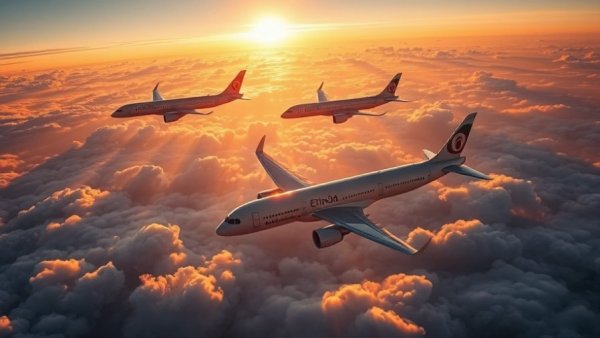 Etihad Airways new aircraft expansion with planes in sunset sky.
