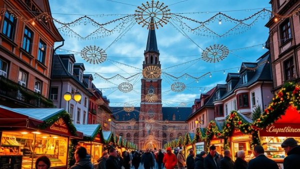 Vibrant Valkenburg Christmas market with decorations and crowd.