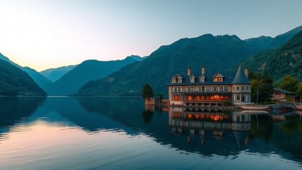Tranquil lakeside hotel reflection, how to choose travel destination.