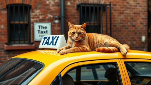 Relaxed ginger cat on yellow taxi in rustic Istanbul street.