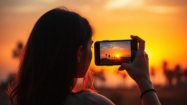 Woman photographing sunset, serene travel moment.