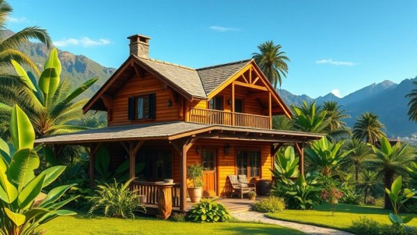 Rustic house with sustainable design amidst lush greenery.