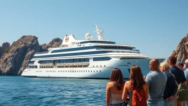 Tourists observing a luxury cruise ship promoting sustainable guest experience.