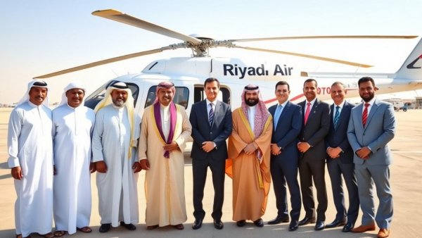 Group in traditional attire and suits with Riyadh Air helicopter, related to Riyadh Air travel news.