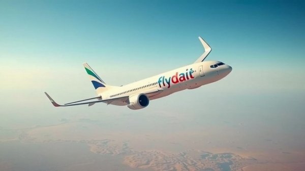 Flydubai Boeing 737 MAX airplane soaring over desert landscape.