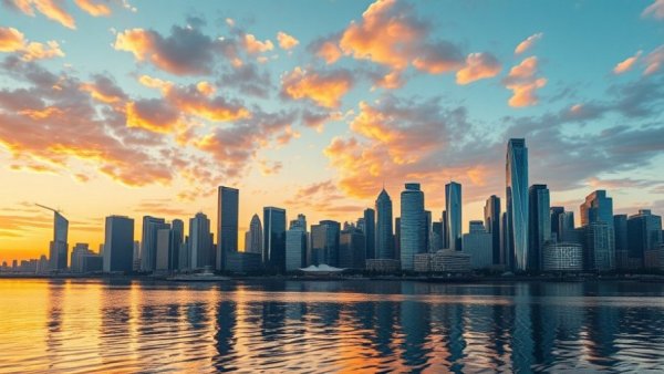 City skyline at sunset reflecting on water.