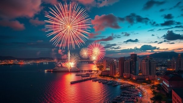 Saudi Arabia travel destinations illuminated by vibrant fireworks at night.