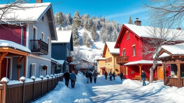 Picturesque winter village in Sweden, ideal for family travel.