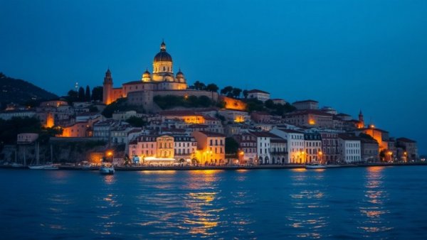 Coastal cityscape at dusk with hilltop basilica, evening lights reflecting on water, how to pick a travel destination.