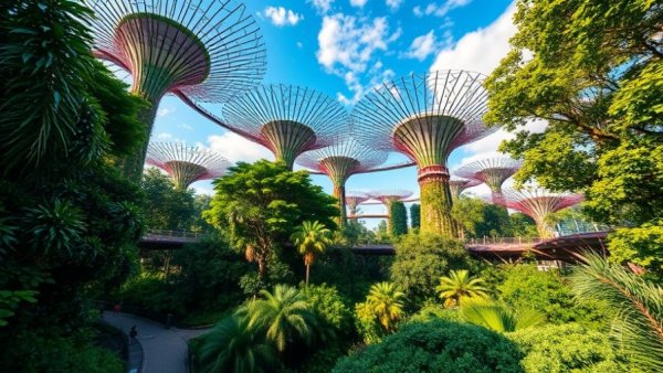 Lush garden with Supertree Grove in Singapore, under a blue sky.