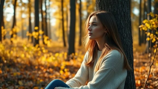 Tranquil autumn scene of woman in Swedish forest highlighting Sweden travel boredom benefit.