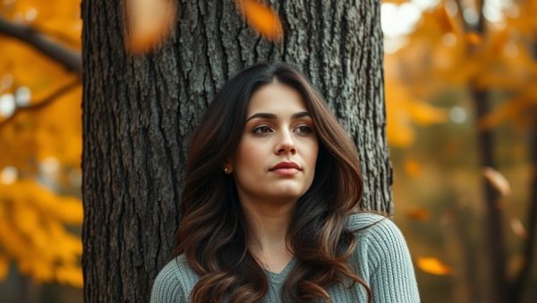 Woman resting in Swedish autumn forest, featuring vibrant fall leaves.