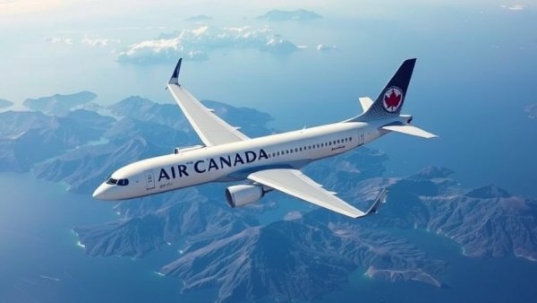 Air Canada jet soaring above mountains and ocean, showcasing fleet upgrade.