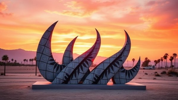 Futuristic sculpture at sunset representing World's Leading Sustainable Health & Well-being Initiative.