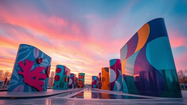 Vibrant art installation at sunset promoting sustainable health and well-being initiative.