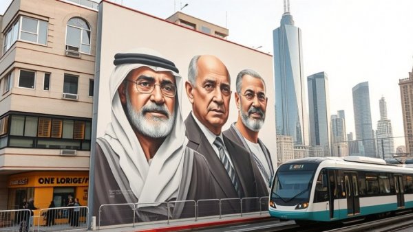 Iconic mural honoring UAE Founding Fathers with metro and skyscrapers.