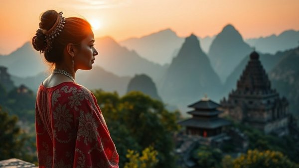 Woman contemplating travel destination at sunset with scenic view.